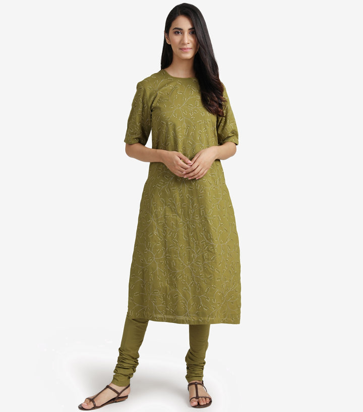 Olive Green embroidered cotton kurta & churidaar set