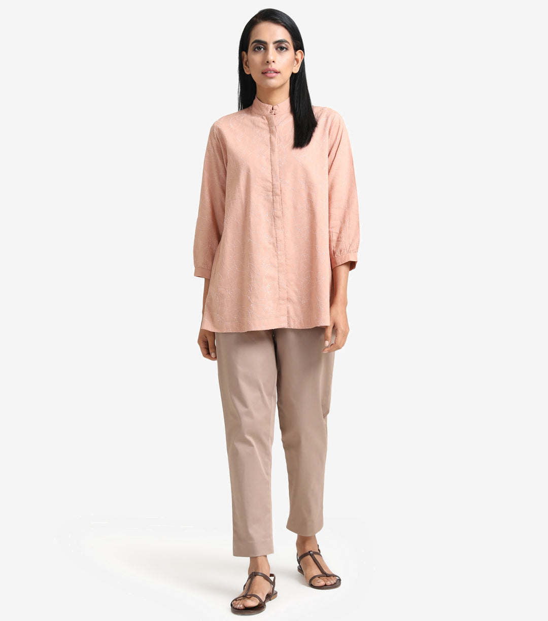 Peach Cotton Embroidered Shirt