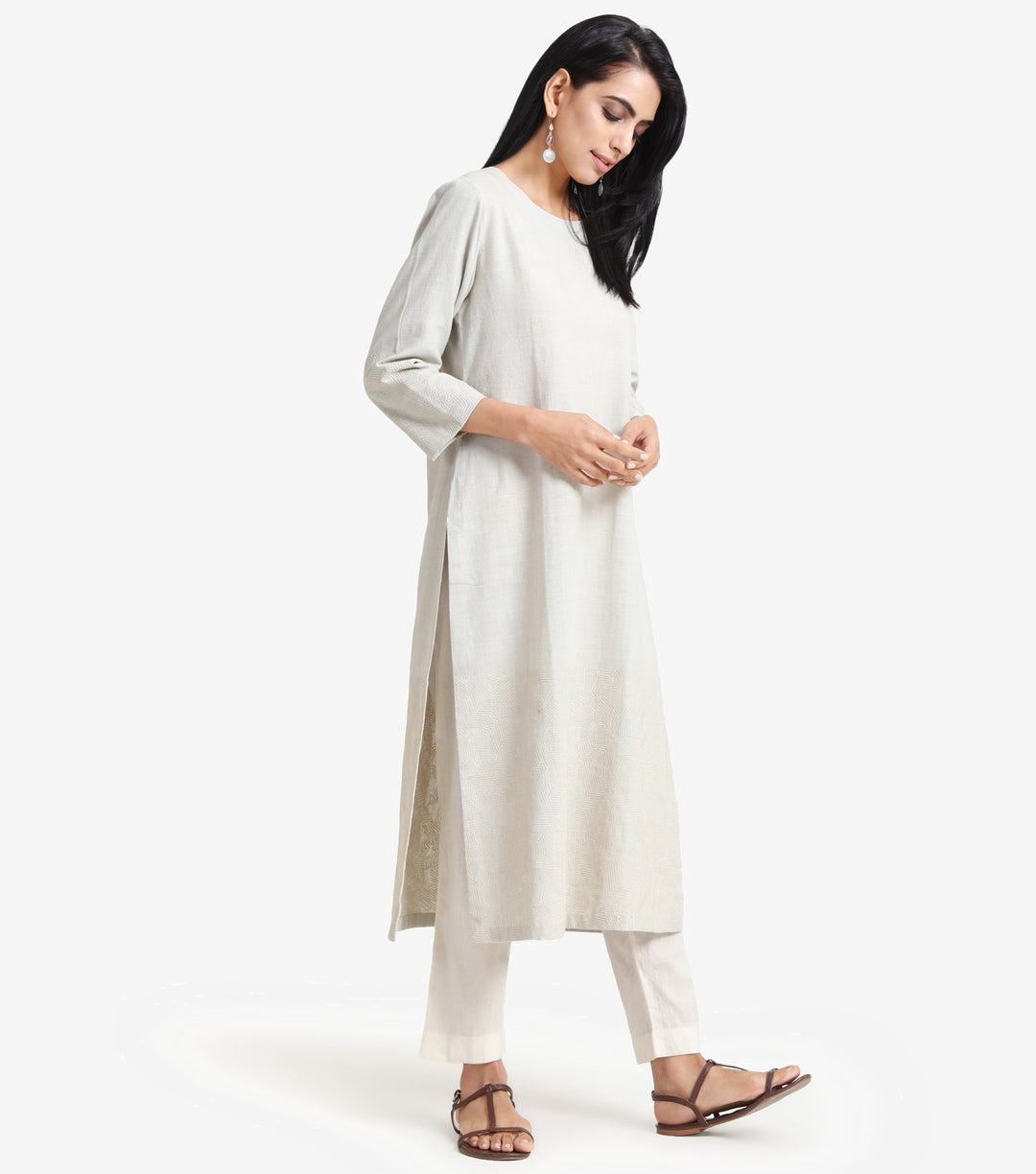 Light grey embroidered khadi kurta