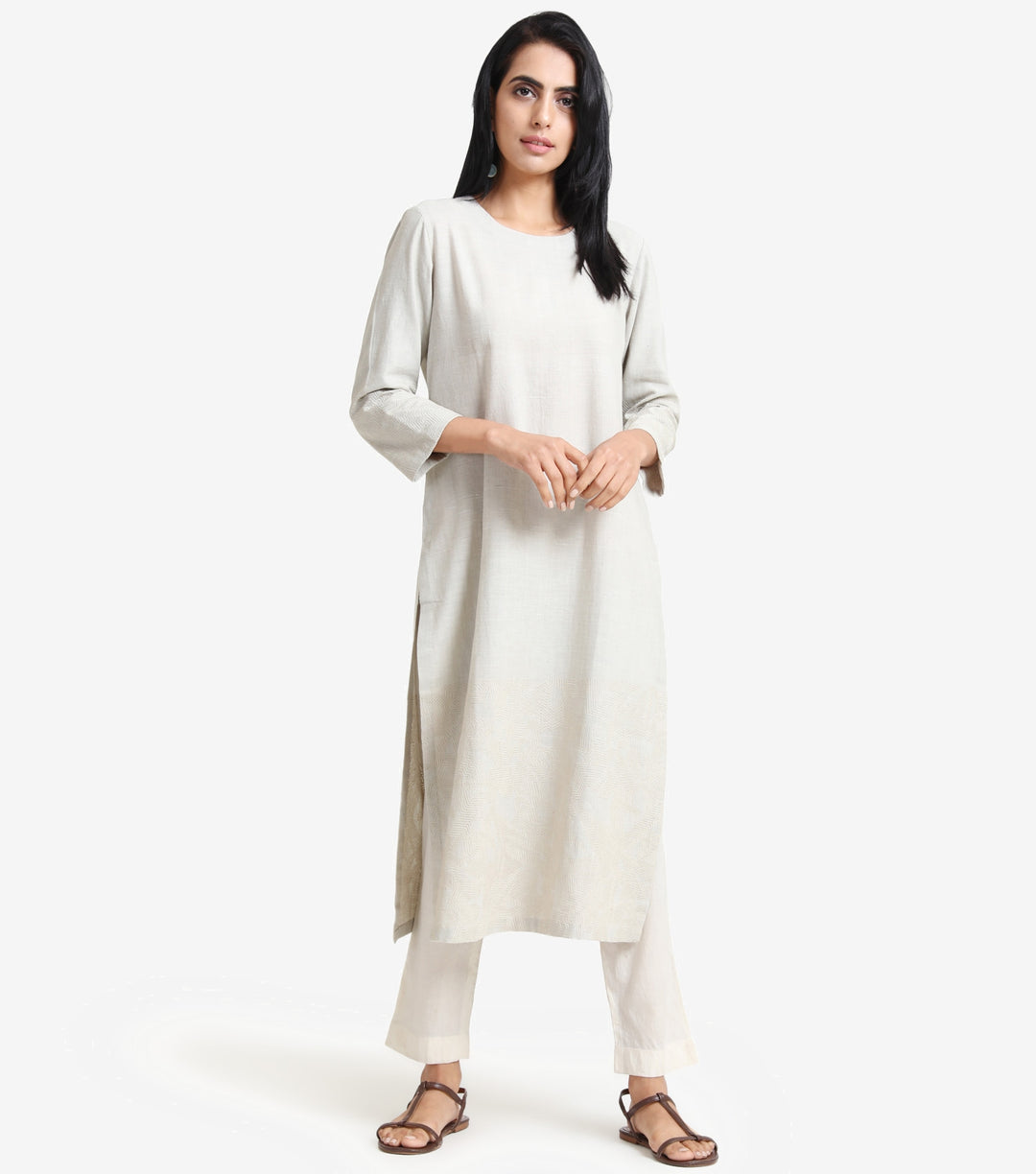 Light grey embroidered khadi kurta