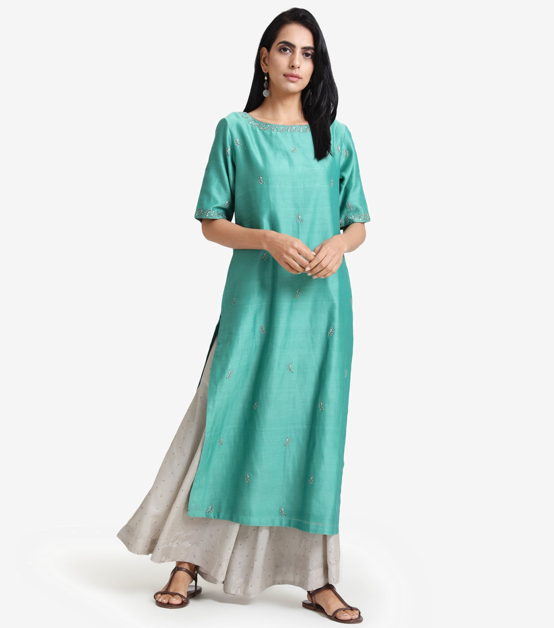 Green chanderi embroidered kurta