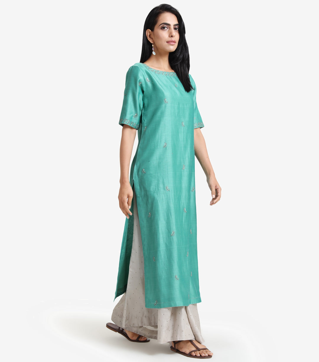 Green chanderi embroidered kurta