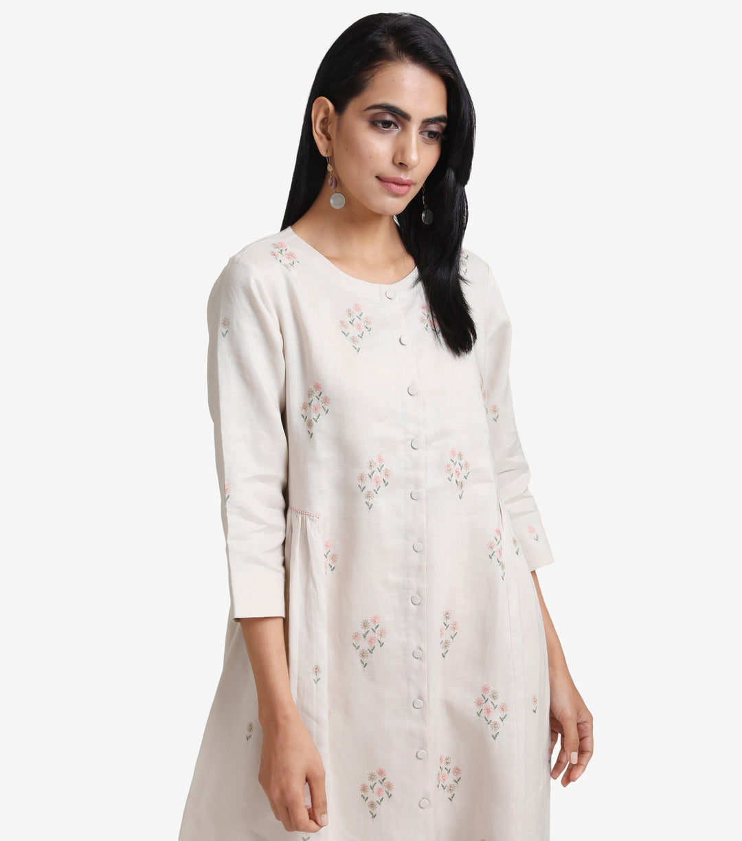 Beige linen embroidered kurta