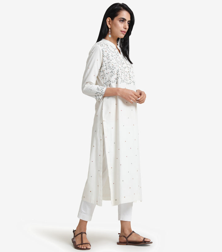 White cotton embroidered kurta