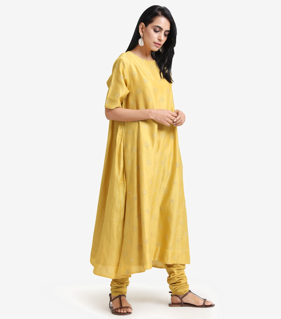 Yellow chanderi embroidered kurta & churidaar set