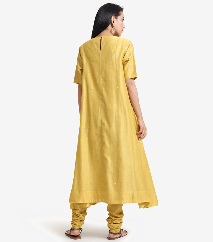 Yellow chanderi embroidered kurta & churidaar set