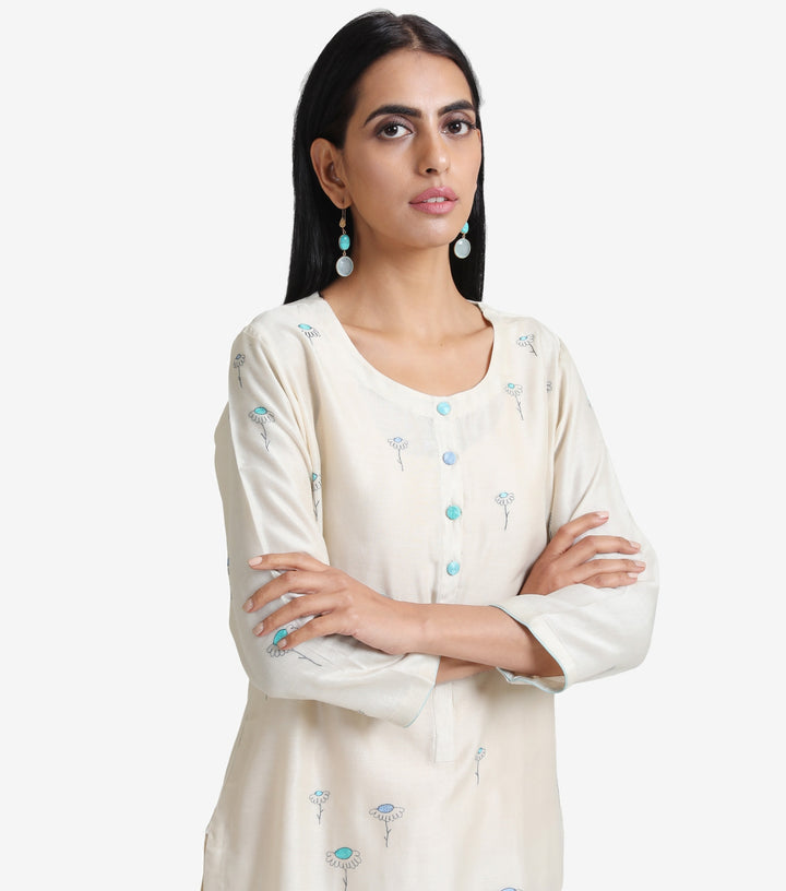 Natural Embroidered Chanderi Kurta Set