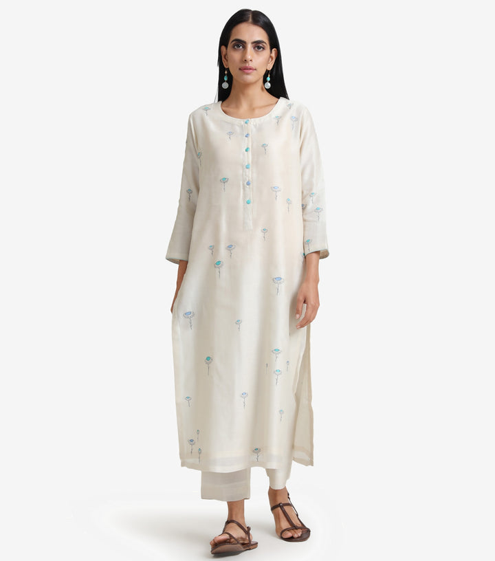 Natural Embroidered Chanderi Kurta Set