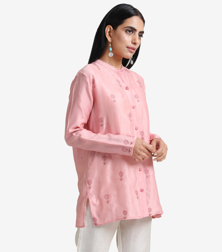 Pink embroidered chanderi shirt