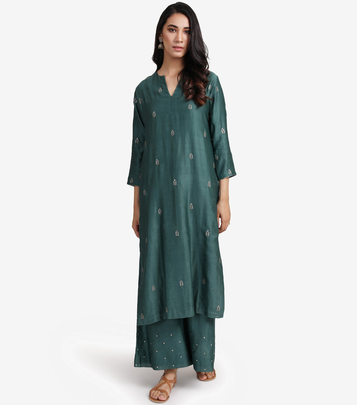 Emerald Green Chanderi Kurta & Cotton Palazzo Pants Set