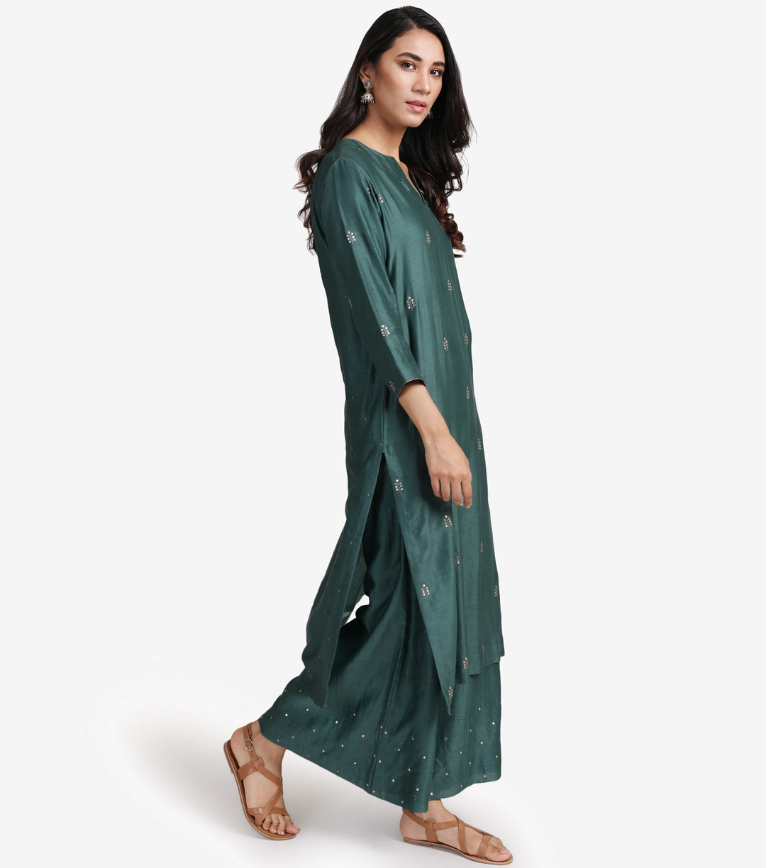 Emerald Green Chanderi Kurta & Cotton Palazzo Pants Set