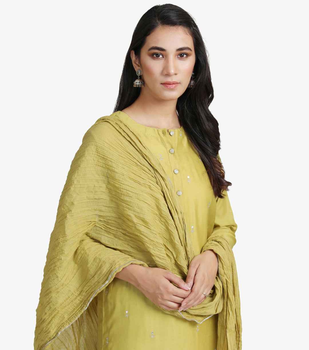 Greenish Yellow Chanderi Kurta & Skirt Set