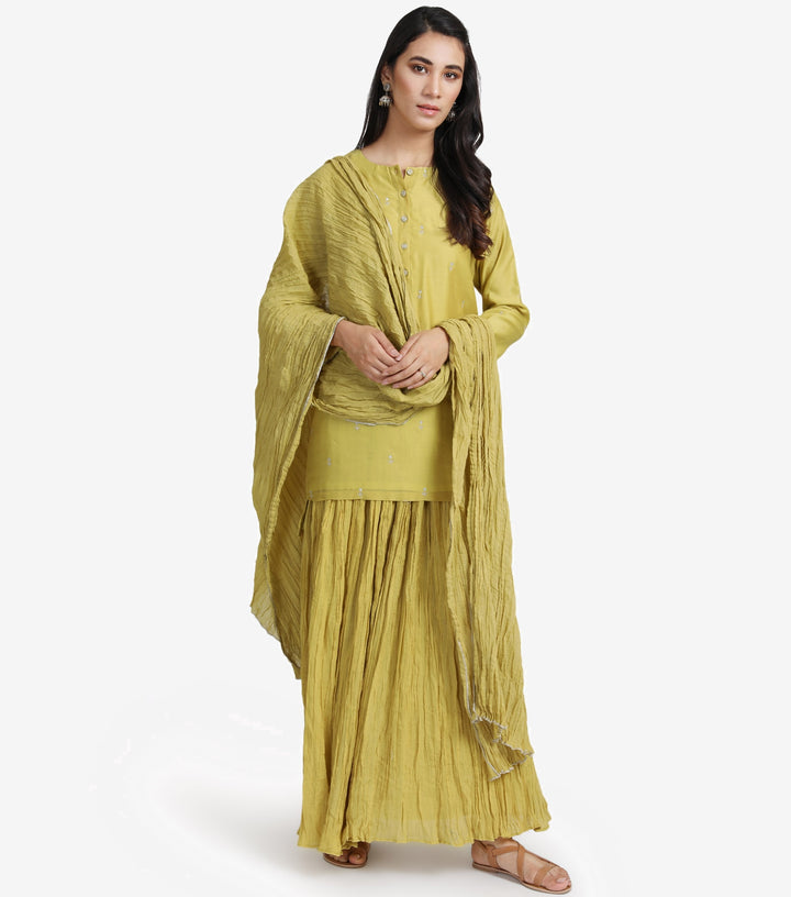 Greenish Yellow Chanderi Kurta & Skirt Set