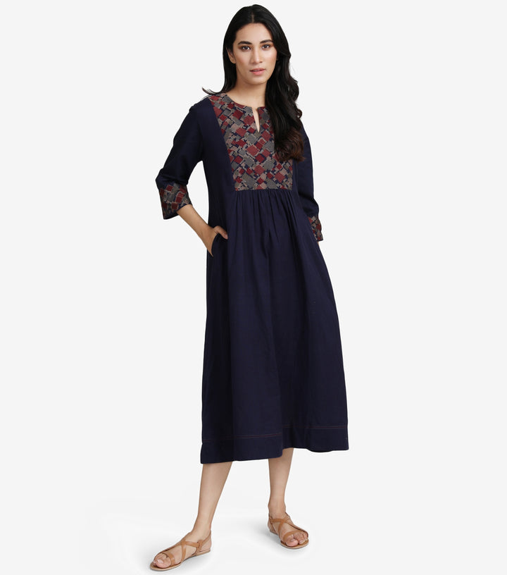 Navy Embroidered Cotton linen Dress