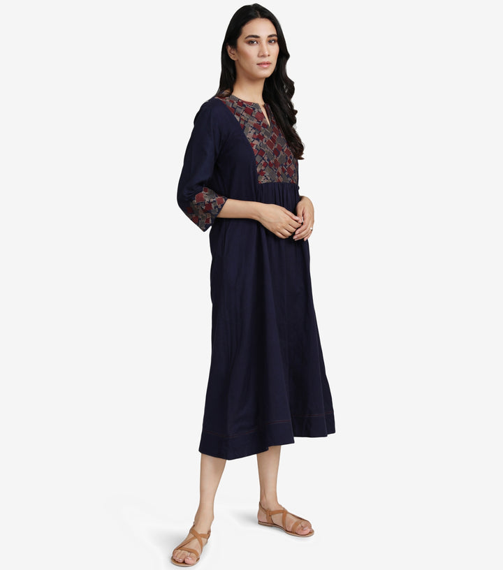 Navy Embroidered Cotton linen Dress