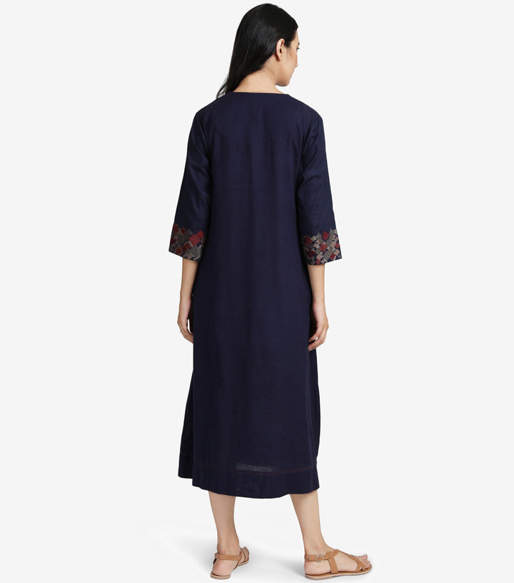 Navy Embroidered Cotton linen Dress