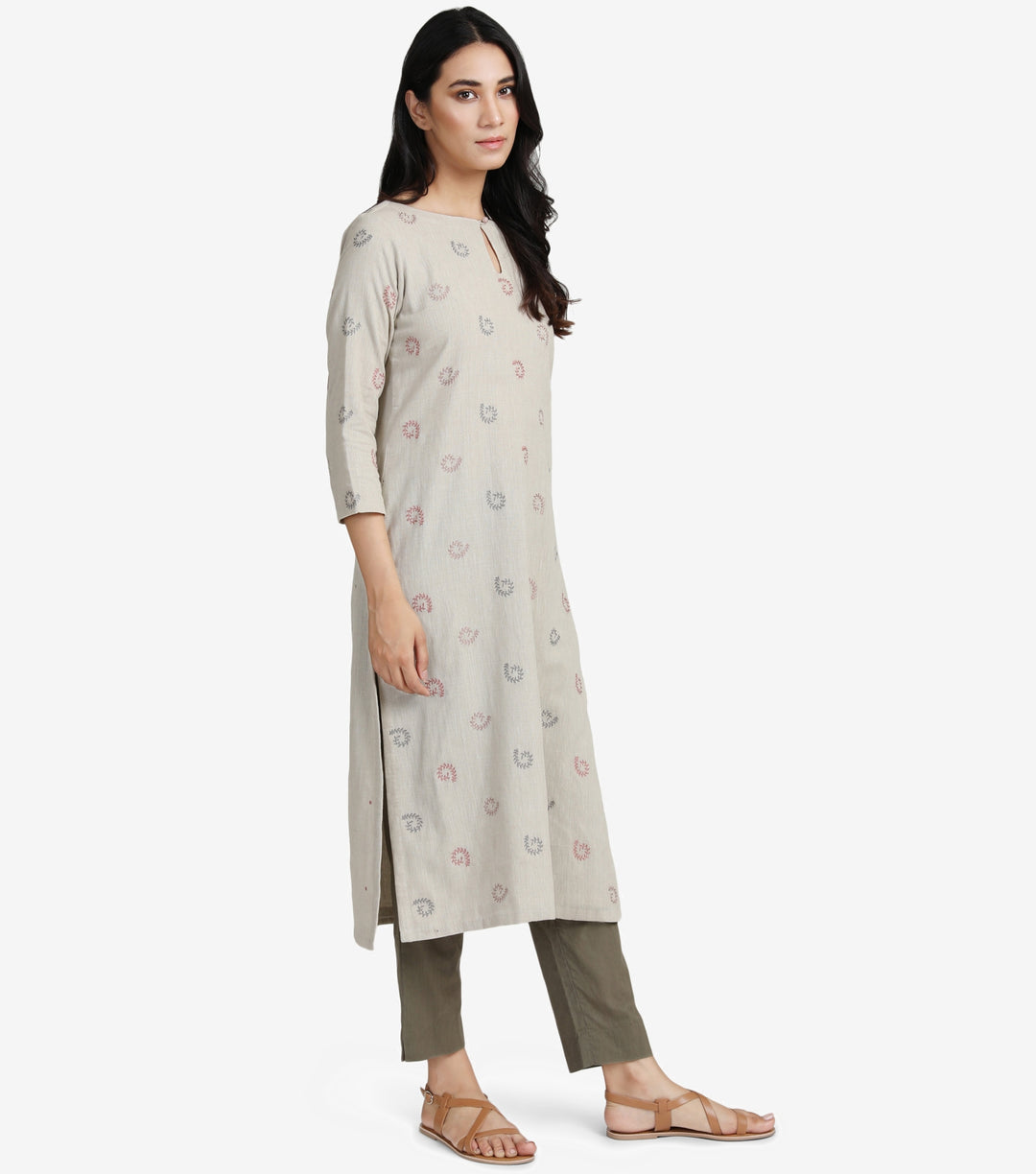 Beige embroidered khadi kurta