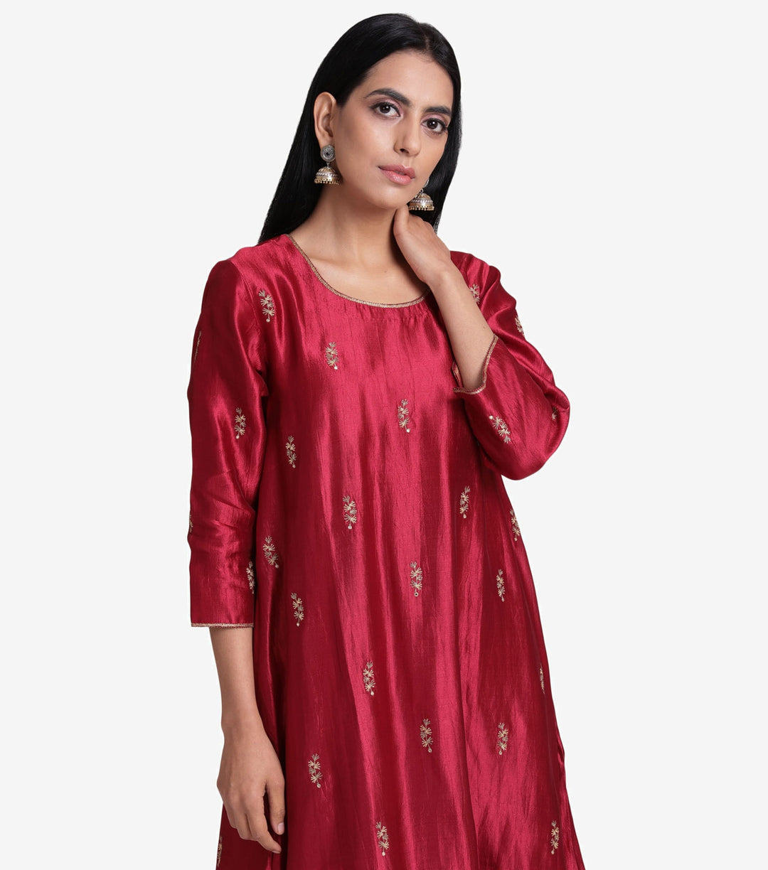 Maroon embroidered flared silk kurta & pants set