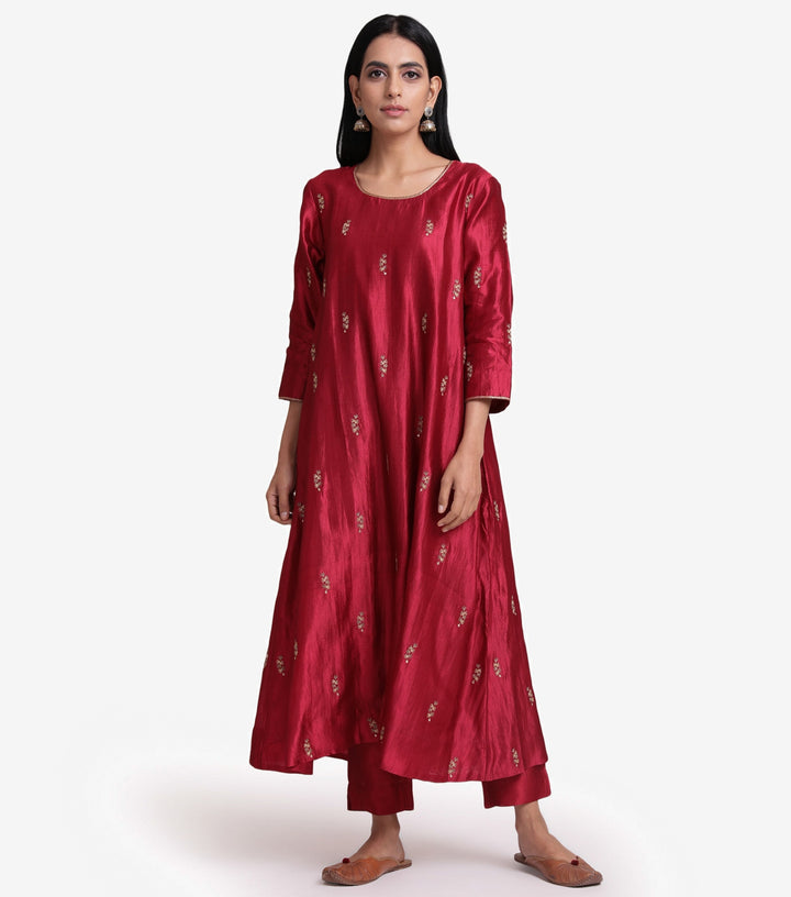 Maroon embroidered flared silk kurta & pants set