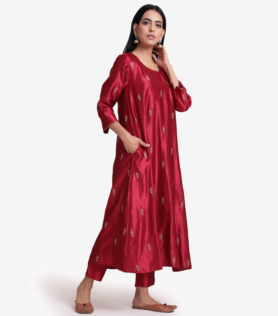 Maroon embroidered flared silk kurta & pants set