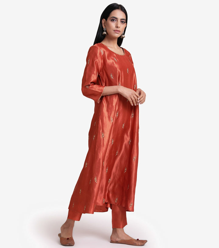 Rust Orange Embroidered Silk Kurta & Pants Set