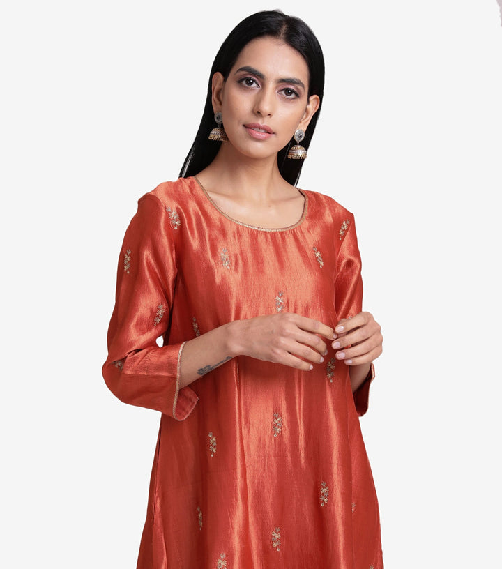 Rust Orange Embroidered Silk Kurta & Pants Set