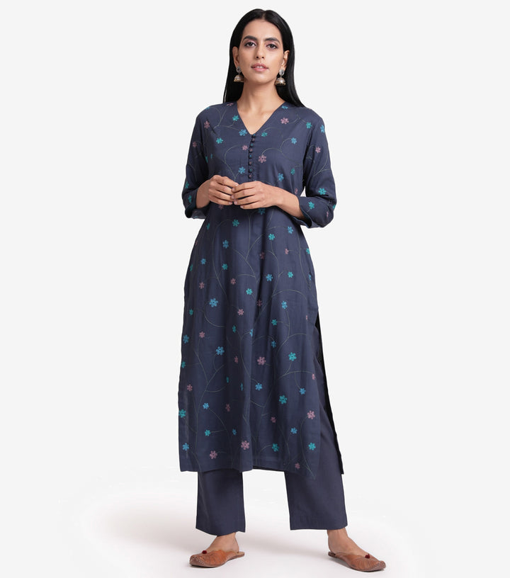 Dark Blue Embroidered Kurta & palazzo pants Set