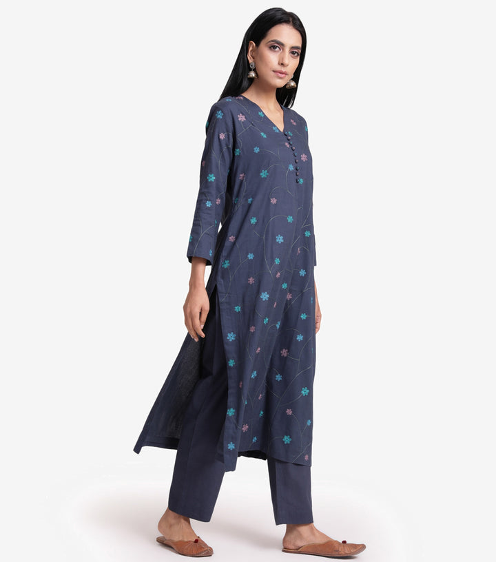 Dark Blue Embroidered Kurta & palazzo pants Set