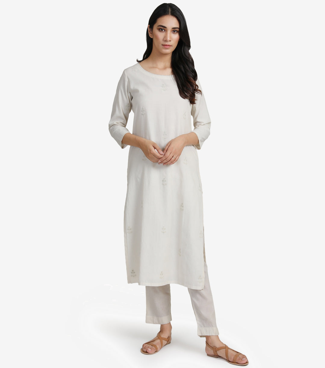 White Cotton embroidered Kurta