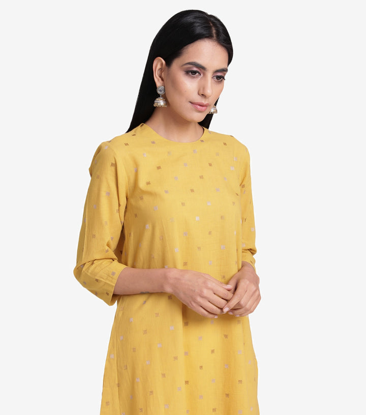 Embroidered Yellow Cotton Kurta with Asymmetrical Hem