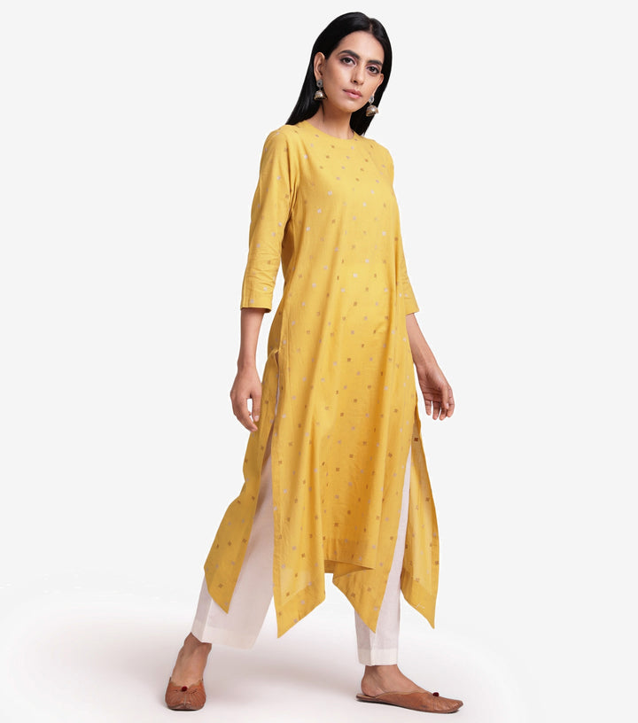 Embroidered Yellow Cotton Kurta with Asymmetrical Hem