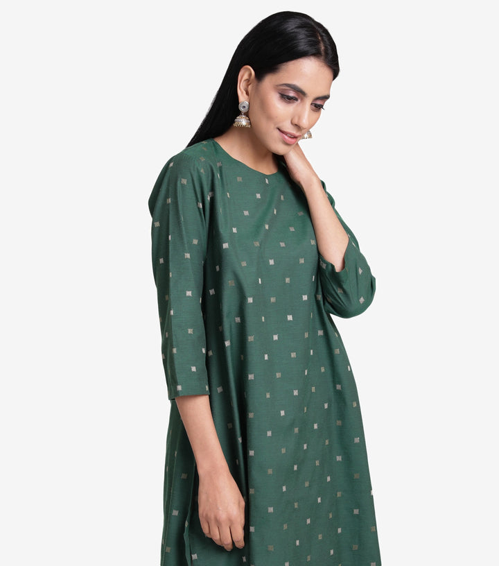 Embroidered Green Cotton Kurta with Asymmetrical Hem