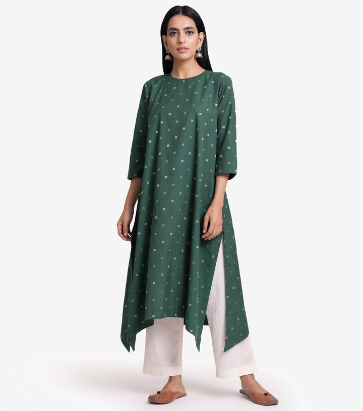 Embroidered Green Cotton Kurta with Asymmetrical Hem