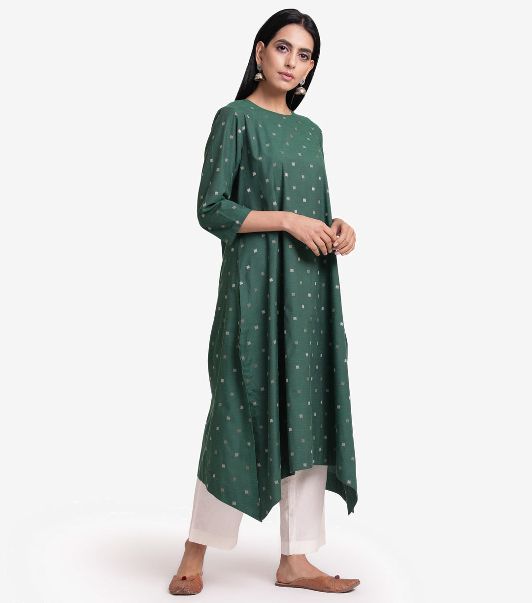 Embroidered Green Cotton Kurta with Asymmetrical Hem