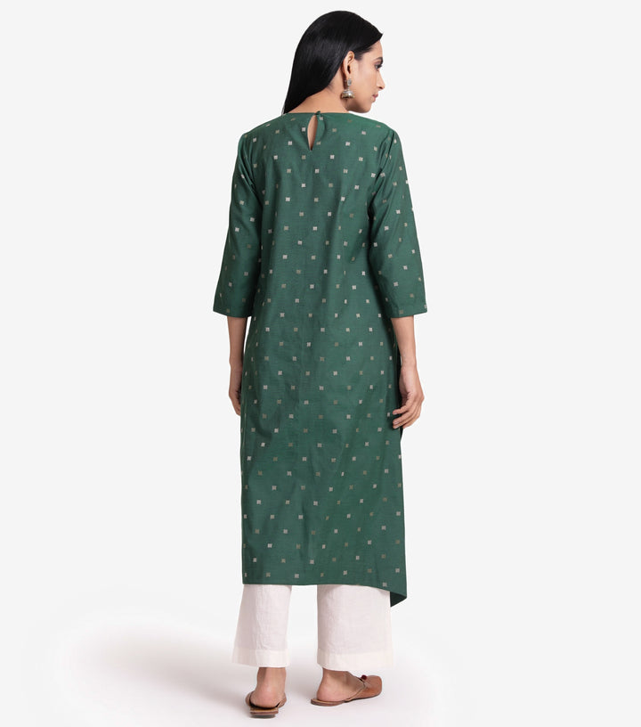 Embroidered Green Cotton Kurta with Asymmetrical Hem