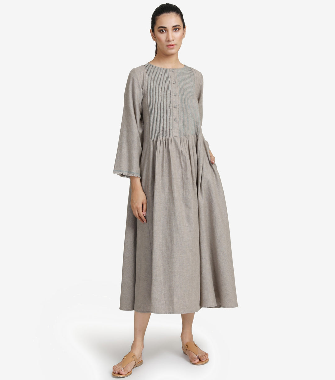 Grey pintuck wool dress