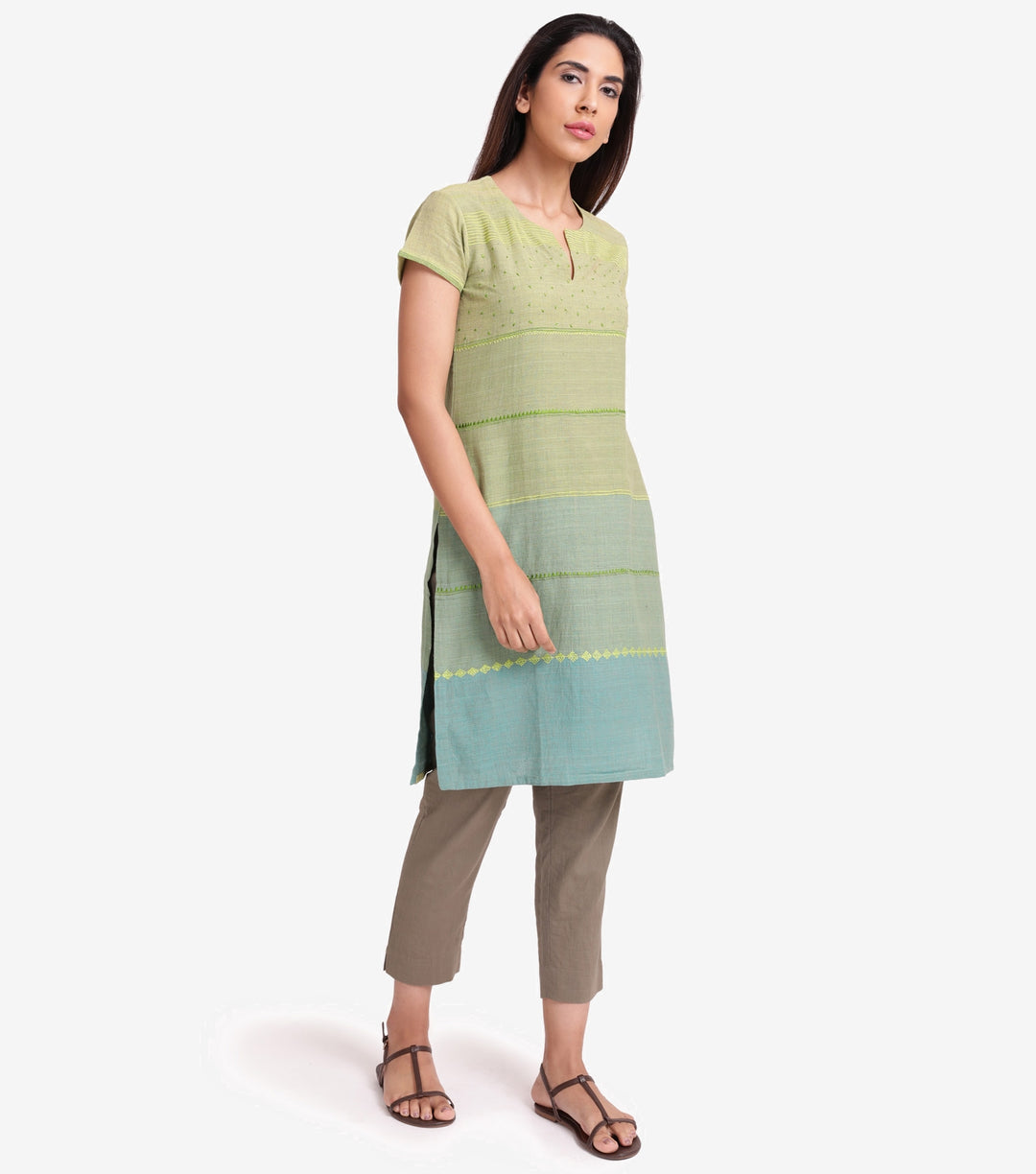 Green khadi embroidered kurta