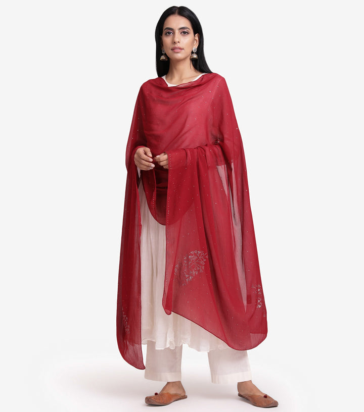 Maroon chiffon mukaish dupatta