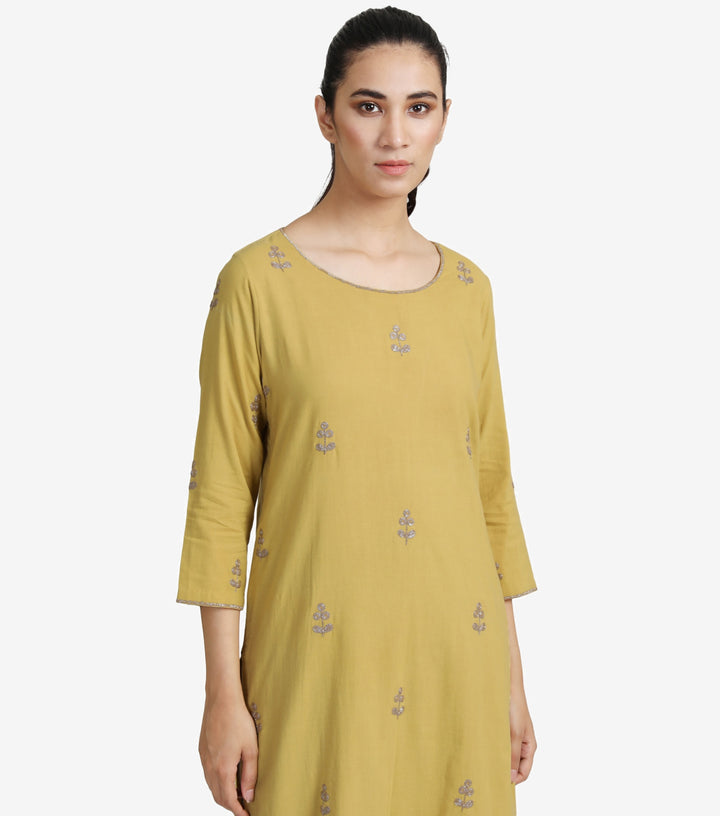 Mustard Cotton Embroidered Kurta