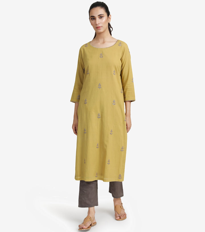 Mustard Cotton Embroidered Kurta