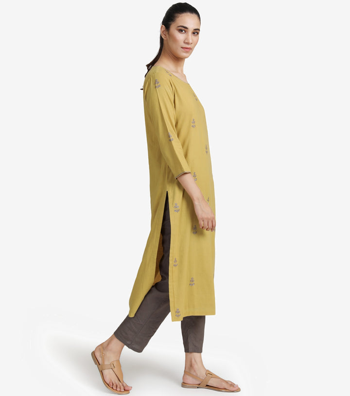 Mustard Cotton Embroidered Kurta