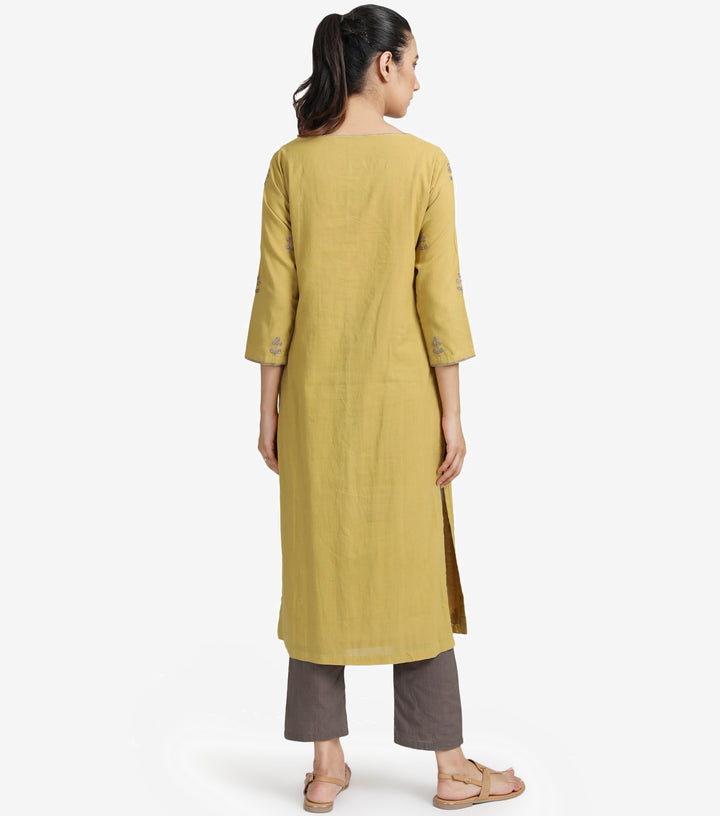 Mustard Cotton Embroidered Kurta