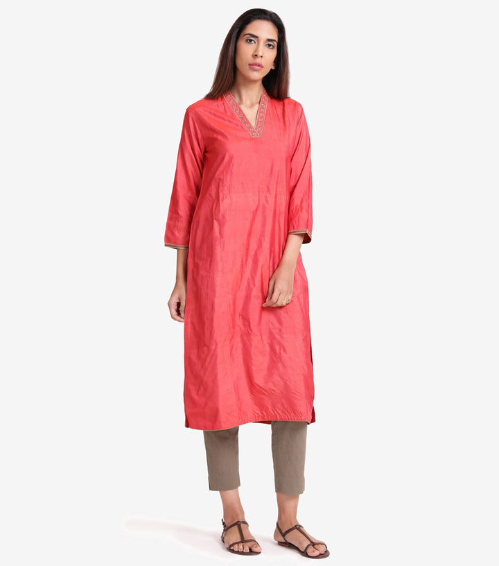 Pink hand embroidered silk kurta