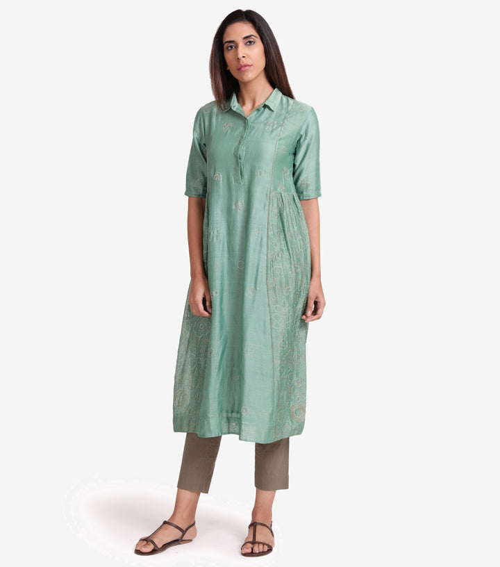 Green chanderi flared kurta