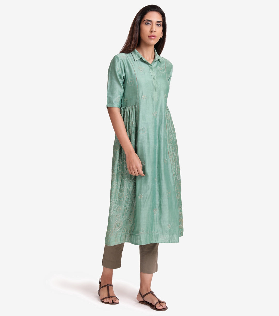 Green chanderi flared kurta