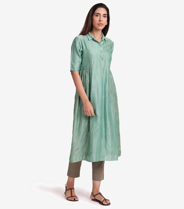 Green chanderi flared kurta