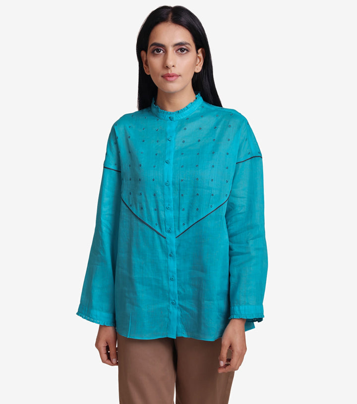 Blue Button Down Embroidered Shirt with Slip