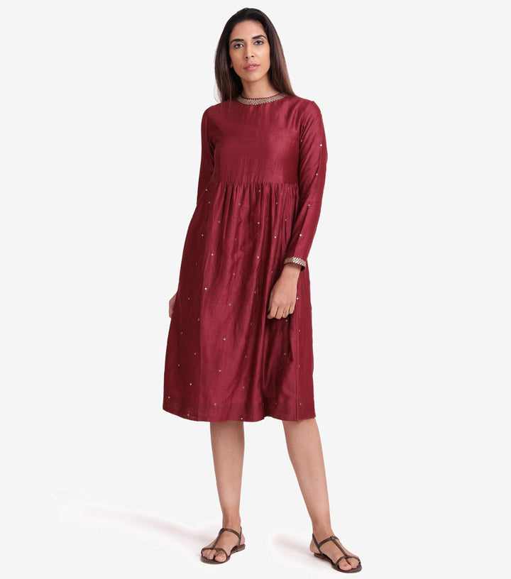 Maroon Chanderi mirror work dress