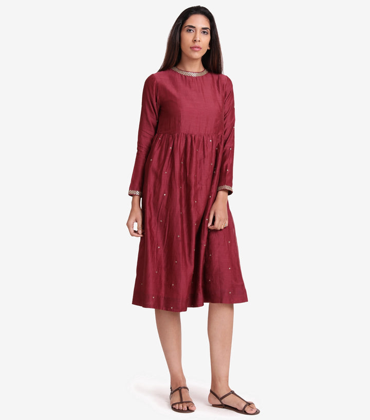 Maroon Chanderi mirror work dress