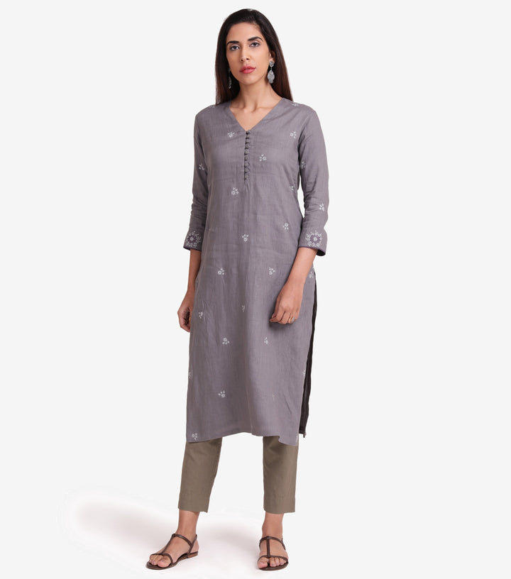 Grey linen embroidered kurta